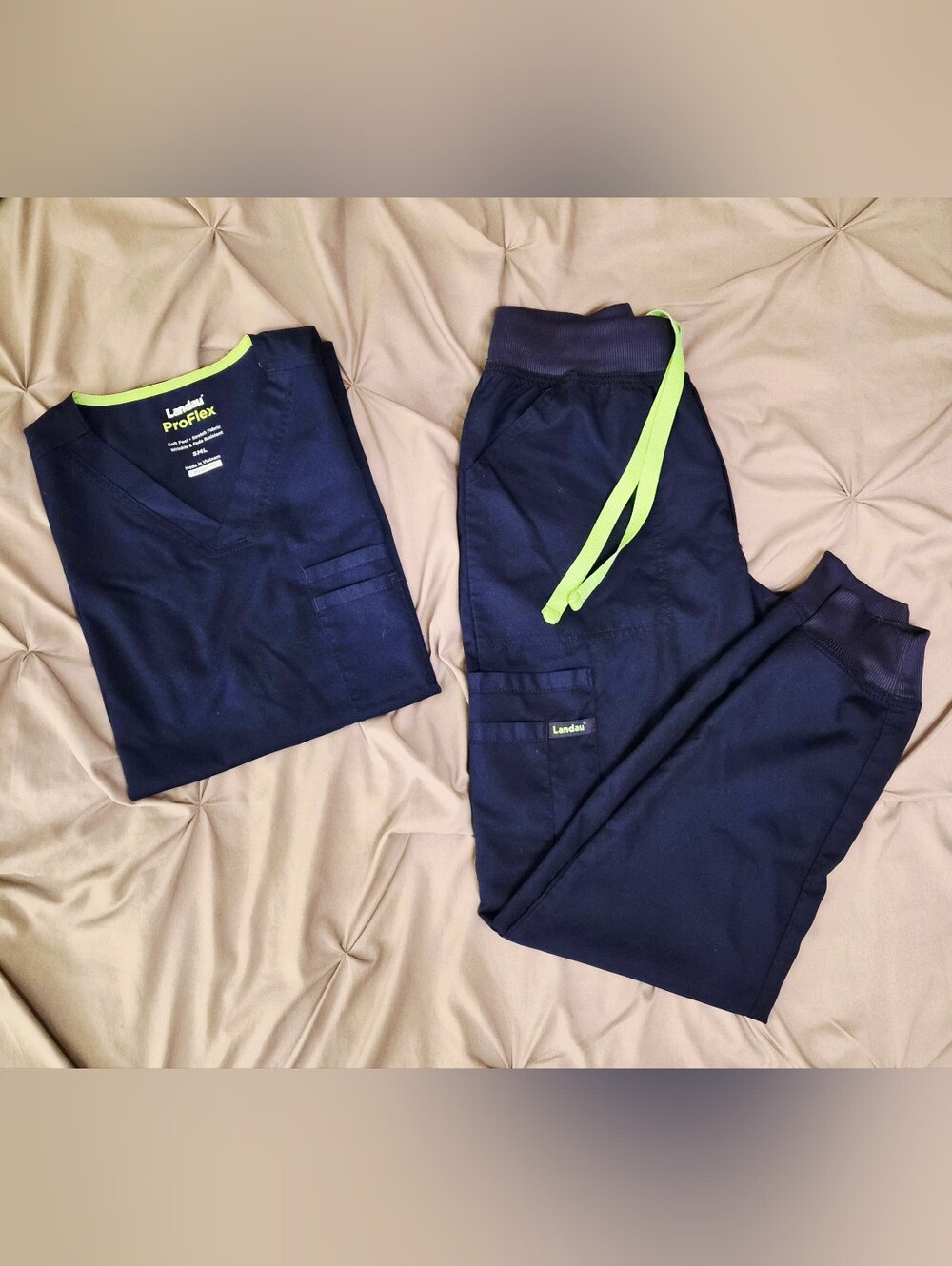 Landau Navy Men's Top (S) & Jogger Scrub Pants (30-32W/32"L) Lime Drawstring